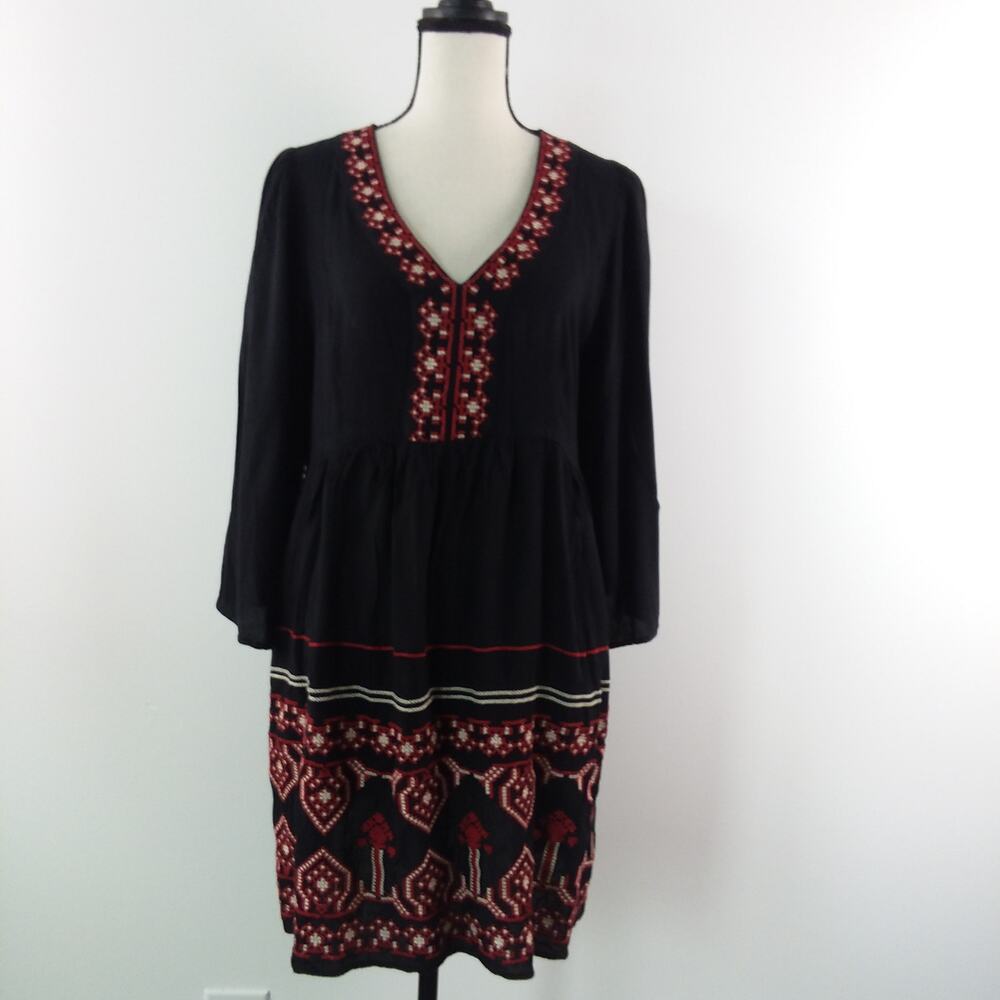 Flying Tomato Embroidered Black‎ Midi Boho  Cottage Dress Sz L